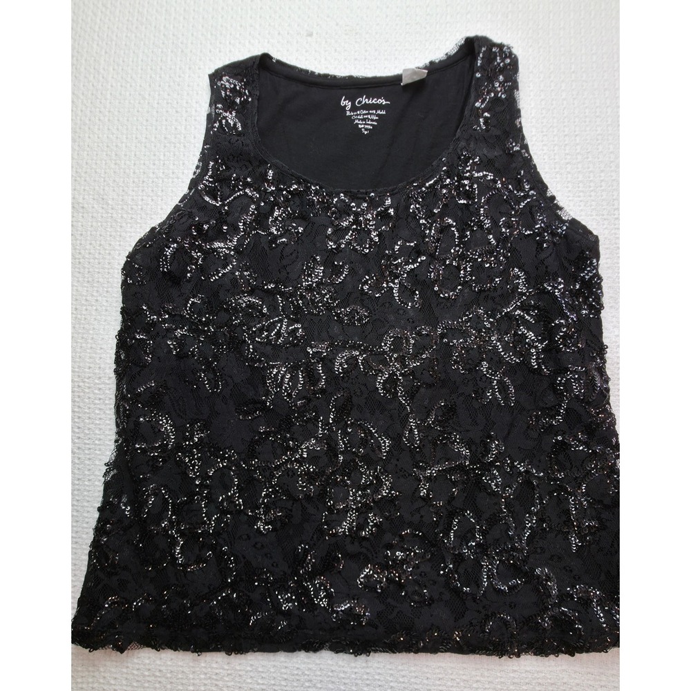 Chico's Tank Top Women Size 1 Black Cotton Blend Sequin Lace EUC